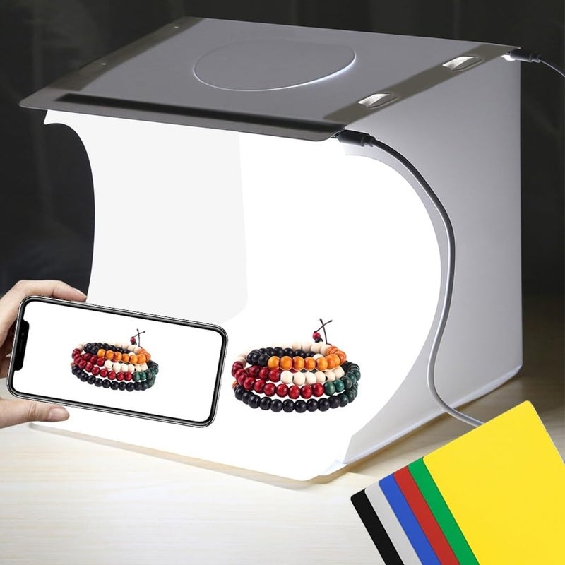 DEPTHLAN Photo Light Box 10" Portable Folding Photography Light Tent kit with 2 Light Bar -40pcs LED Light and 6 Kinds Color Backgrounds for Small Size Items (10 inch - White) - Image 1